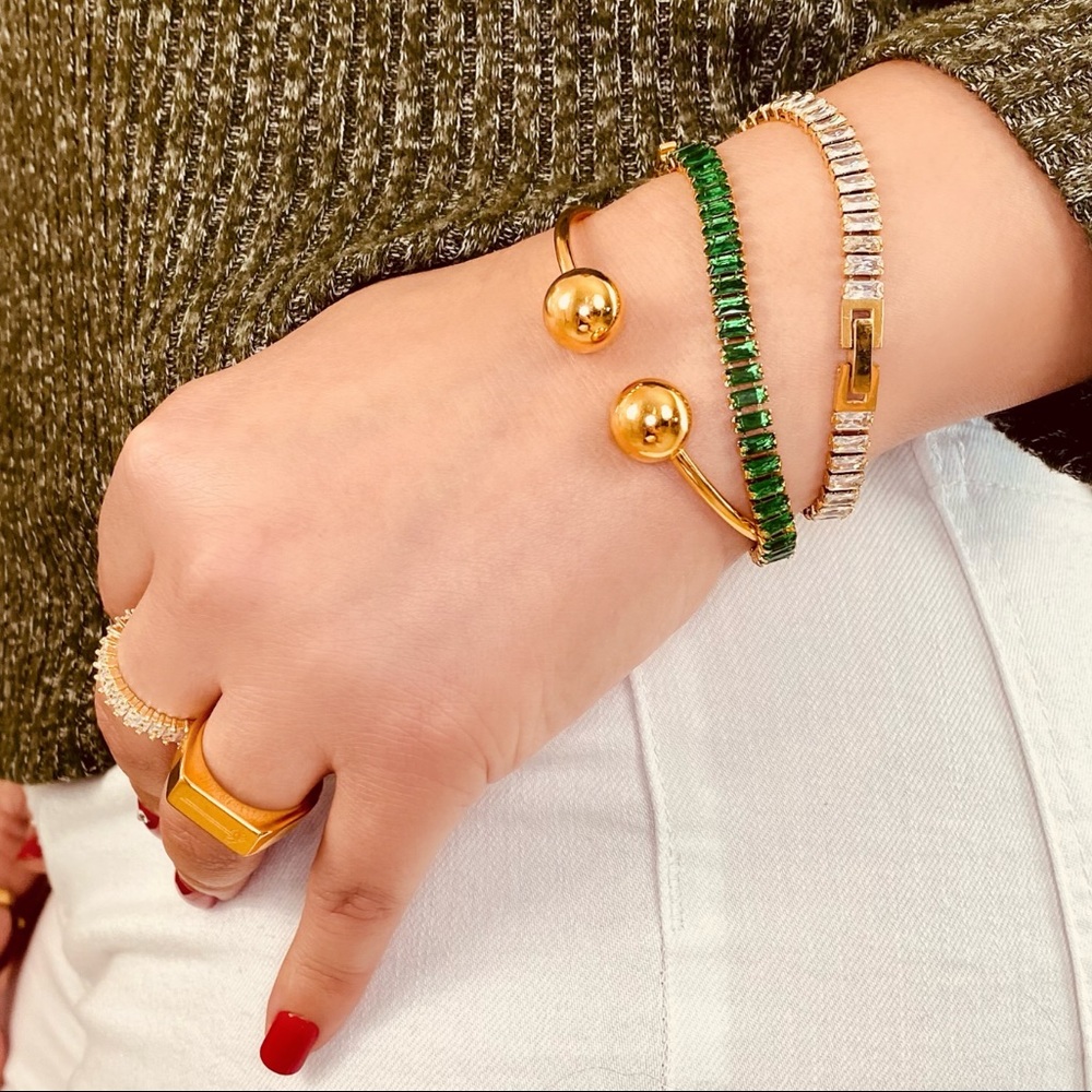 18K Iced Yellow Gold Diamond CZ Baguette Cut Open Ring Design - Picture 12 of 14